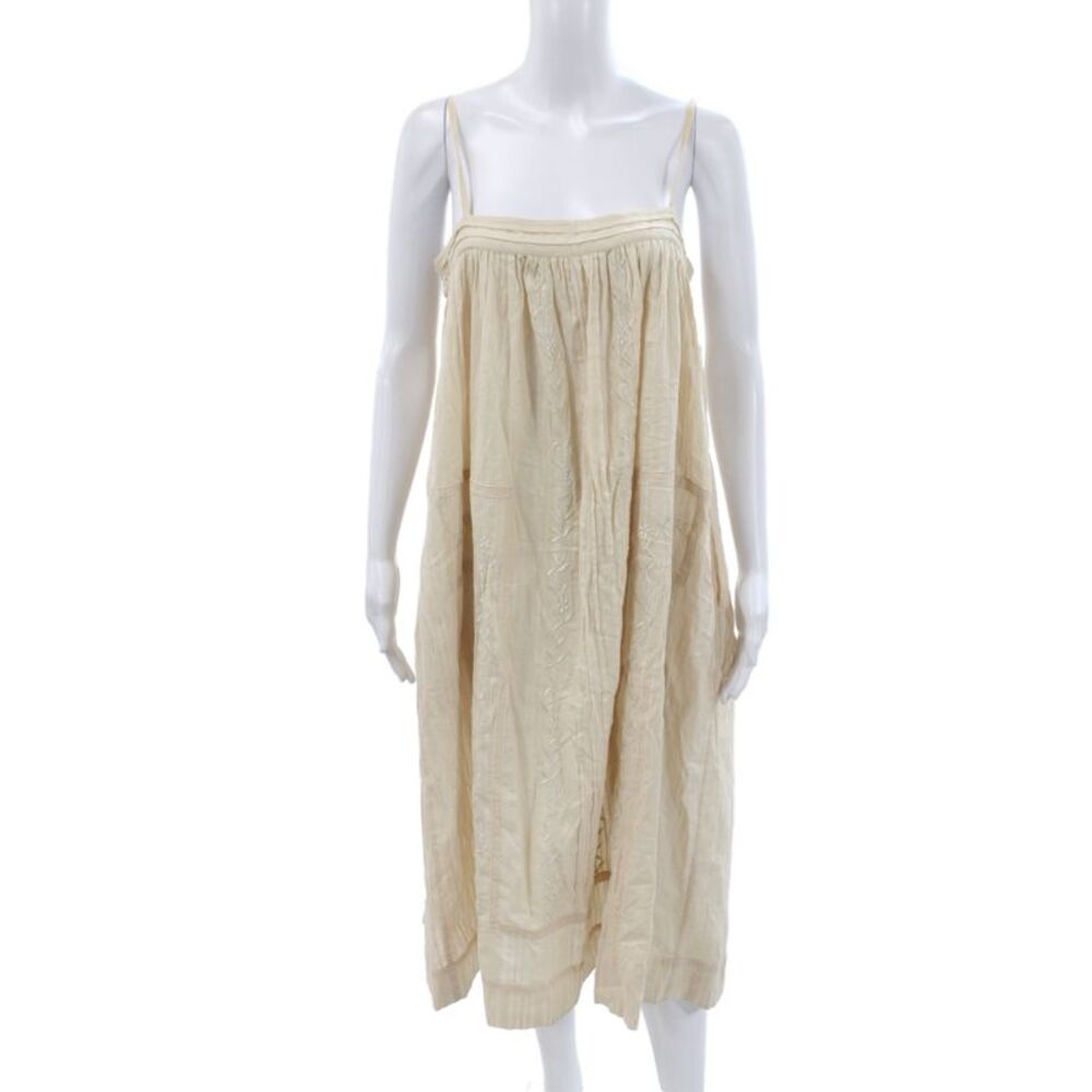 Designer Womens Maxi Dress Beige Striped Square Neck Sleeveless Cotton Size XS
